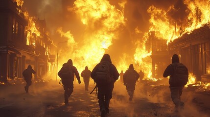Fototapeta premium people running away from burning shops