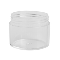 Cosmetic round plastic transparent jar on blank background.