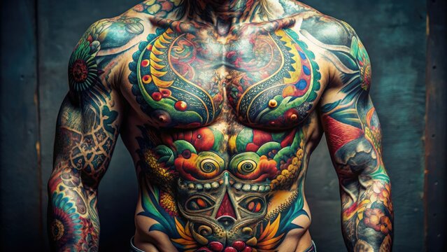 Close-up of a toned male torso with intricate, colorful tattoos of skulls, snakes, and abstract patterns, showcasing a bold and edgy personal style.