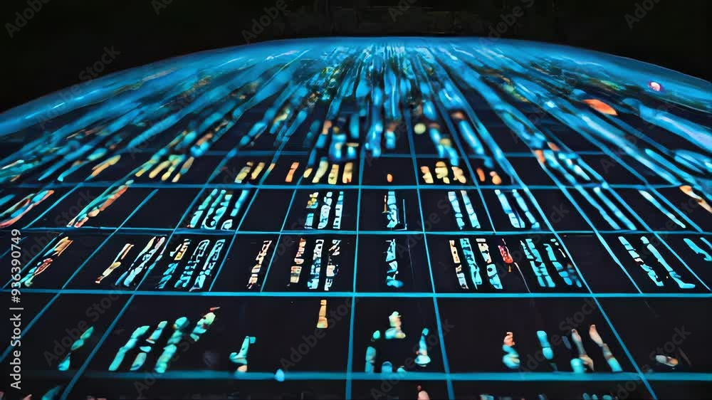 Poster a spherical data visualization covered in colorful text and numbers, representing global statistics