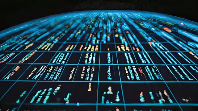 A spherical data visualization covered in colorful text and numbers, representing global statistics