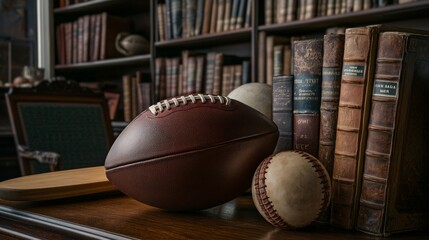 A vintage library scene featuring a classic football and baseball. The ambiance reflects old books and a timeless feel. Ideal for sports enthusiasts and history lovers. AI