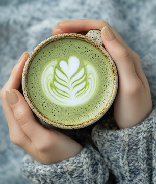 Female hands holding a cup of matcha latte