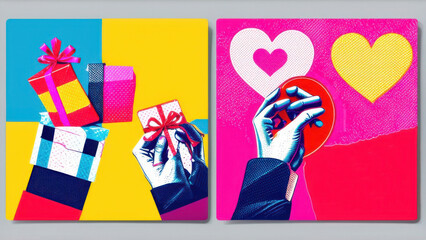 Creative set of Valentine's day greeting card covers with Halftone hand giving gift, letter and heart. Contemporary Valentine Collage Retro celebration poster for Social Media. Vector illustration 80s