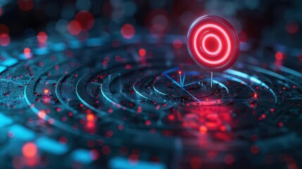 Fototapeta premium A striking digital representation of a target in a futuristic maze, illuminated by blue and red lights.