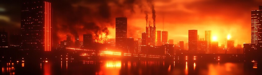 Fototapeta premium A dramatic urban landscape engulfed in flames, showcasing a fiery skyline and smoke-filled atmosphere at sunset.