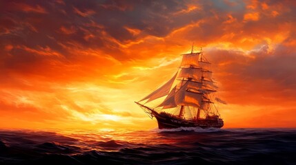 Obraz premium A majestic sailing ship gliding across the ocean at sunset, surrounded by vibrant clouds and warm hues of orange and gold.
