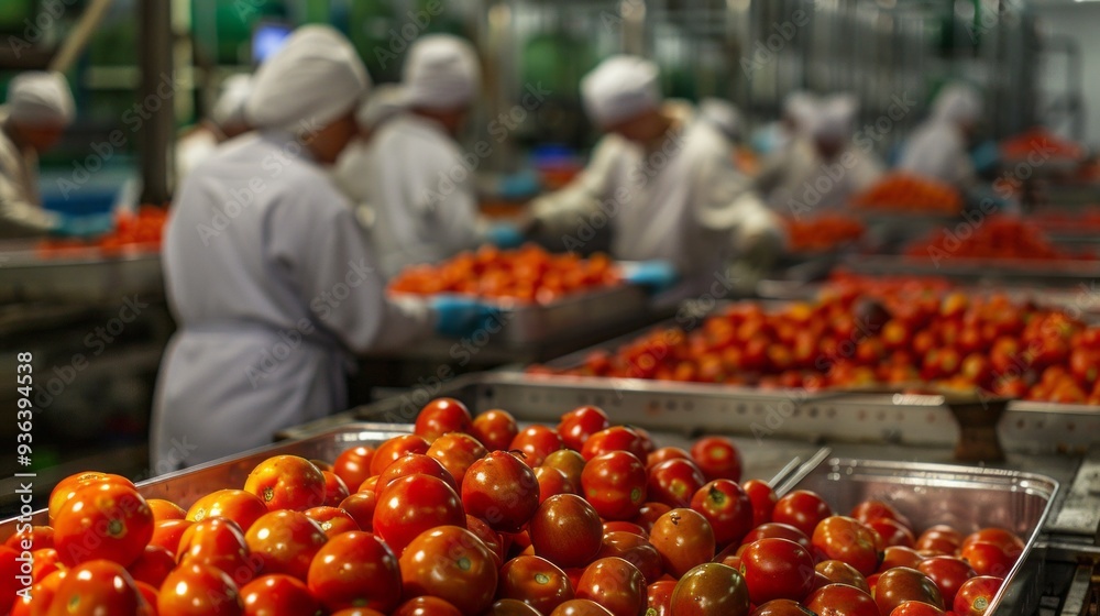 Aufkleber workers clad in white uniforms skillfully sort and package plump red tomatoes in a busy processing f