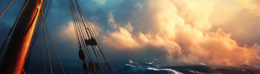 A serene view of the ocean at sunset, showcasing vibrant clouds and a ship's mast against a colorful sky.