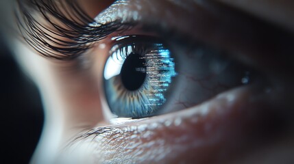 Close-up of a human eye with striking blue iris and detailed eyelashes, reflecting light in an artistic manner.