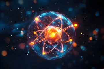 Captivating Atomic Model with Glowing Energy Paths on Dark Background