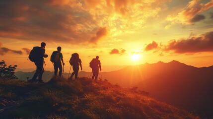 Mountain hike during sunset. summer travel tourism group sunset trekking.