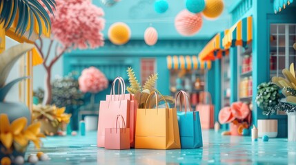 Colorful shopping bags in a vibrant marketplace filled with decoration and plants, creating a cheerful shopping atmosphere.