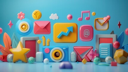 Colorful digital icons arranged creatively against a bright blue backdrop, showcasing modern communication and technology concepts.