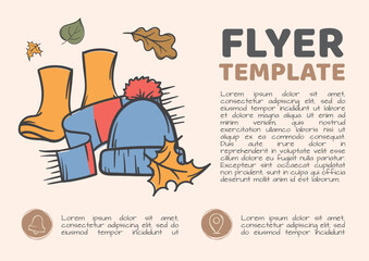 Simple vector template for flyer, advertisement advertisement. Autumn collage with scarf, hat and rubber boots