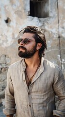 Obraz premium Dressed in a light-colored shirt, the man stands confidently, showcasing his beard and sunglasses while enjoying the warm sunshine in an urban landscape