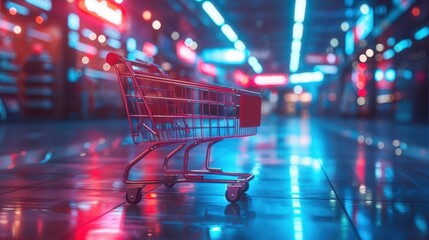 A colorful supermarket aisle at night featuring a single shopping cart surrounded by vibrant neon lights and reflections.