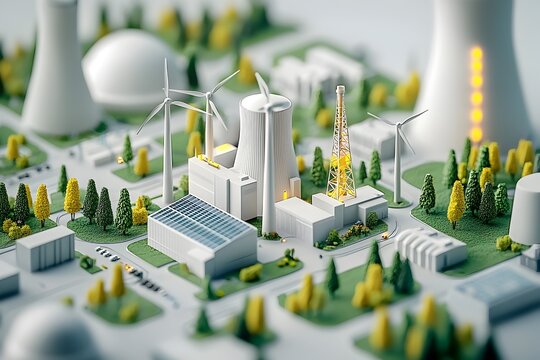 Renewable vs Nuclear Energy Infographic with Wind Turbines,Solar Panels,and Statistical Charts - Powered by Adobe