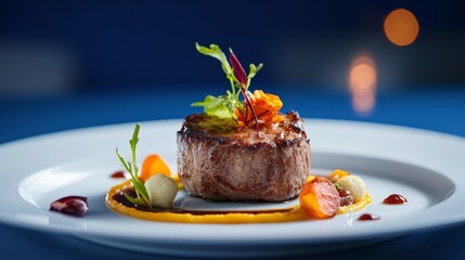 A beautifully plated gourmet dish featuring a grilled meat centerpiece, vibrant sauces, and garnishes.