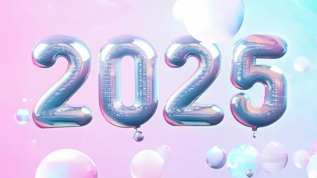 Bubble 2025 sign floating on pink and blue background with numbers in motion. Winter holidays or New Years Eve party in business style