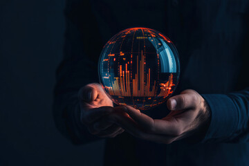 Hands holding a glowing sphere with digital representations of inflation and interest rates inside, economic control, monetary strategy