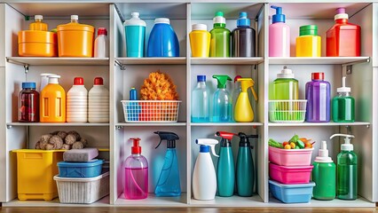 Colorful bottles and cans of various household chemicals and cleaning supplies organized on a shelf in a modern utility closet or laundry room.