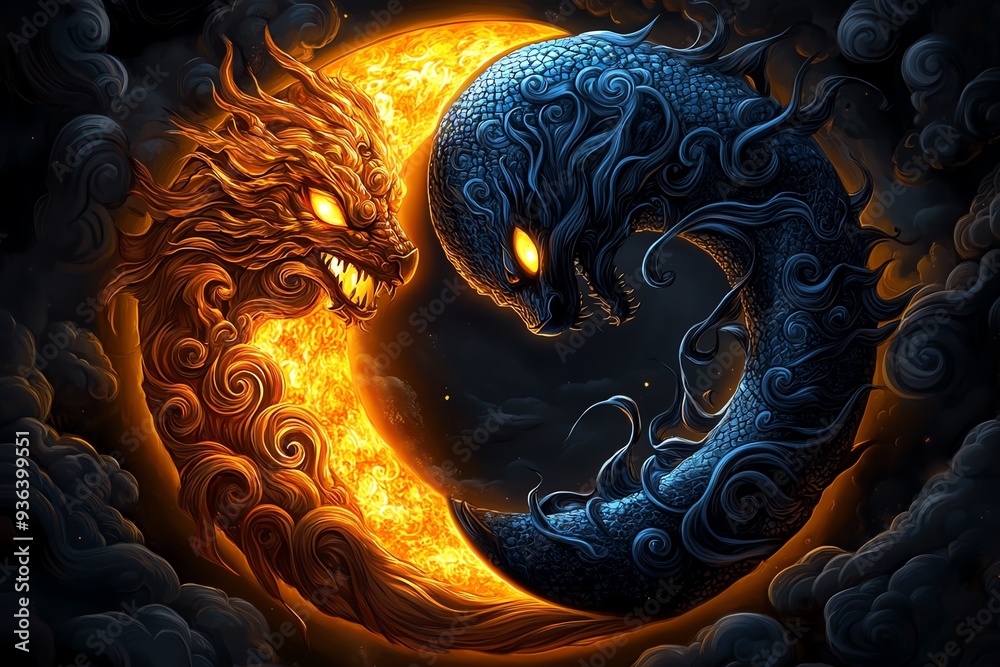 Aufkleber a magical interpretation of a solar eclipse, with the sun and moon depicted as mythical creatures lo