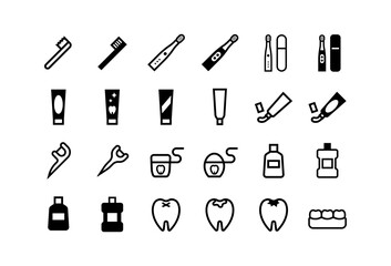 Obraz premium 歯ブラシ・フロスなどのデンタルケアグッズのベクターアイコンセット