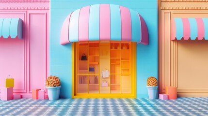 A colorful storefront featuring striped awnings and vibrant decor, perfect for ice cream or pastry shops, creating a playful atmosphere.
