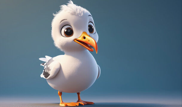 A cute, baby seagull with big eyes stands against a blue background