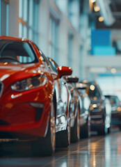 Showroom with bright modern new cars are standing in rows. Vertical photo. Modern automobile selection in a dealership setting. Modern transportation.
