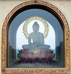 Buddha with halo in an arch, vibrant pastel colors on clear glass, intricate patterned border, set against a white and transparent backdrop, artistic cutout design.