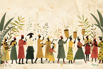 A joyful procession of people carrying plants in a serene environment