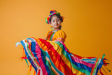 A girl twirls in a vibrant traditional Mexican outfit with pride