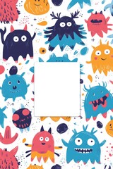 Obraz premium Cute Monster Patterned Notebook Cover, vibrant little monsters playfully scattered across the surface, featuring a blank white oblong space in the upper center for personalization.