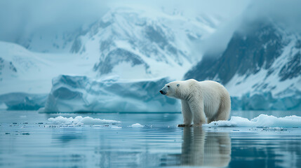 Alone polar bear is standing on ice with snow of melting glacier. Wildlife nature. Effects of climate change. Global warming. Environmental disaster.