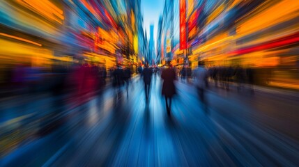 A blurred city street scene filled with vibrant lights and silhouettes of people, creating a dynamic urban atmosphere.