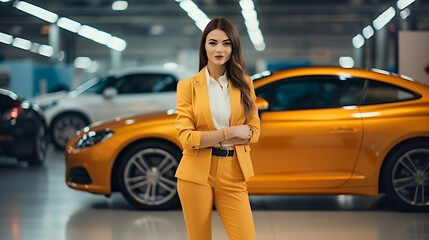 Female customer in elegant orange suite is standing in car showroom, looking at the camera, wants to buy new automobile . Sales and purchase concept.
