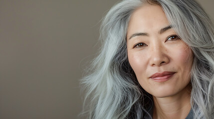 Naklejka premium Middle-Aged Asian Woman with Silver Hair and Soft Freckles, Wearing Minimal Makeup, Radiating Wisdom and Grace Against a Muted Background that Highlights Her Natural Beauty