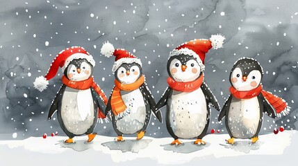 Fototapeta premium watercolor illustration of cute penguins skating on the Christmas background