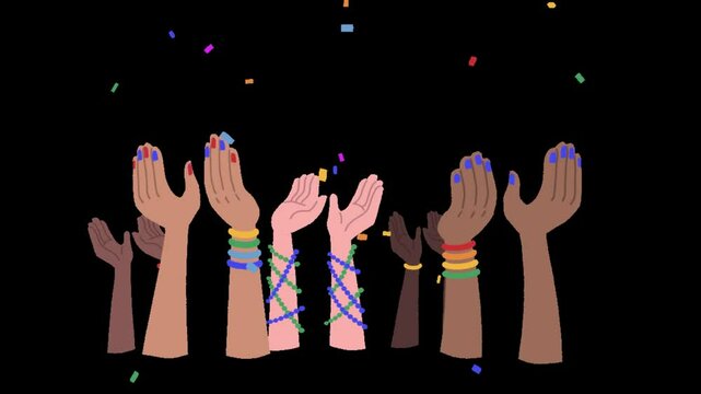 Friendship Day Hands Unity Sticker Group Cheer, Stock Overlay 4k Animation Video, 3D Motion Graphics loop Animation, with Chroma key, Alpha Channel, High Resolution, Black and Green Screen Background