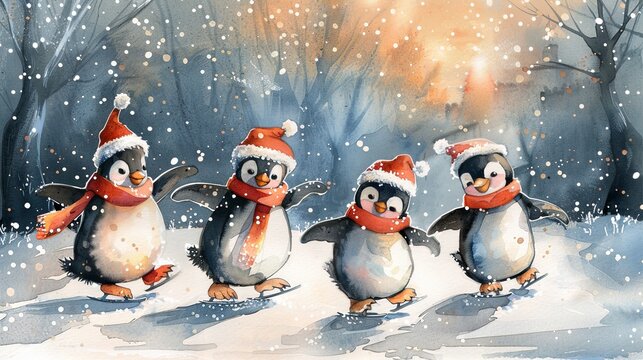 watercolor illustration of cute penguins skating on the Christmas background