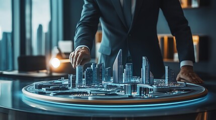 Businessperson Interacting with a Hologram of a Cityscape