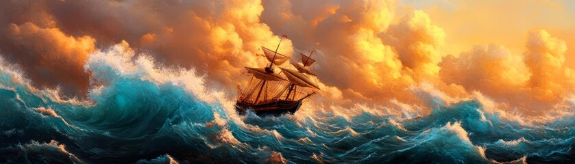 Obraz premium A majestic ship sailing through turbulent waves under a vibrant sunset sky. Adventure awaits on the open sea.