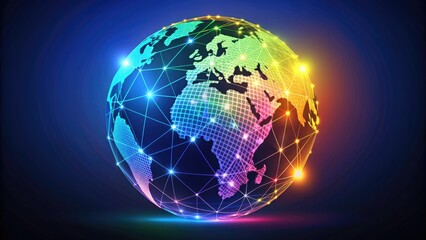 Naklejka premium Colorful modern vector icon of a stylized globe with lines and dots representing connection and data exchange for web application or digital technology symbol.