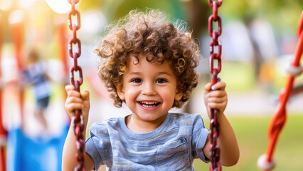 A young boy with curly hair smiling happily while swinging at a playground on a bright, sunny day.