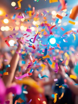 Colorful confetti showers over a lively crowd celebrating at a vibrant party in an illuminated venue at night