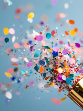 Colorful confetti bursts from a golden party horn against a soft blue background during a festive celebration