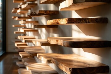 Elegant wooden shelves mounted on a wall, showcasing modern design and natural beauty in an indoor setting with warm lighting.