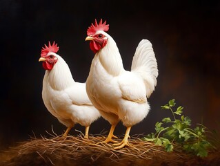 Fototapeta premium Two white chickens standing on straw with a dark backdrop, showcasing their vibrant red combs and beautiful feathers.